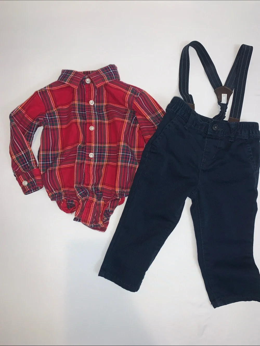 The Children's Place Red Plaid Button-Up with Navy Suspender Pants - Picture 1 of 8